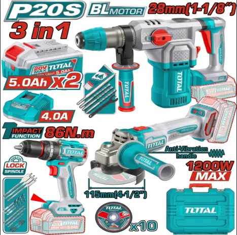 COMBO INALAMBRICO 20V TALADRO PERCUTOR 1/2" 86NM + PULIDORA 4-1/2" 1200W + TALADRO ROTOMARTILLO SDS PLUS 1-1/8" 4.5 JULES + 2 BATERIAS 5.0AH + CARGADOR 4.0AH INCLUYE ACCESORIOS INDUSTRIAL SUPER TOTAL (UTOSLI251195)