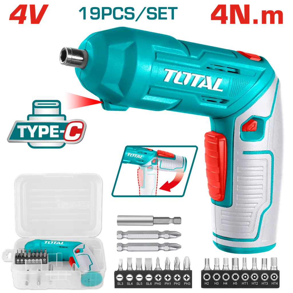 ATORNILLADOR INALAMBRICO 4V ESTUCHE PLASTICO + 16 PUNTAS TALADRO DE 25MM, 2 DE 50MM SUPER TOTAL TSDLI0442