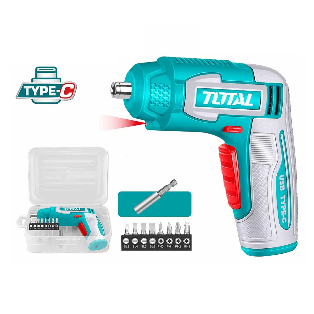 ATORNILLADOR INALAMBRICO 4V 4NM ESTUCHE PLASTICO + 8 PUNTAS TALADRO Y CONECTOR SUPER TOTAL TSDLI0458