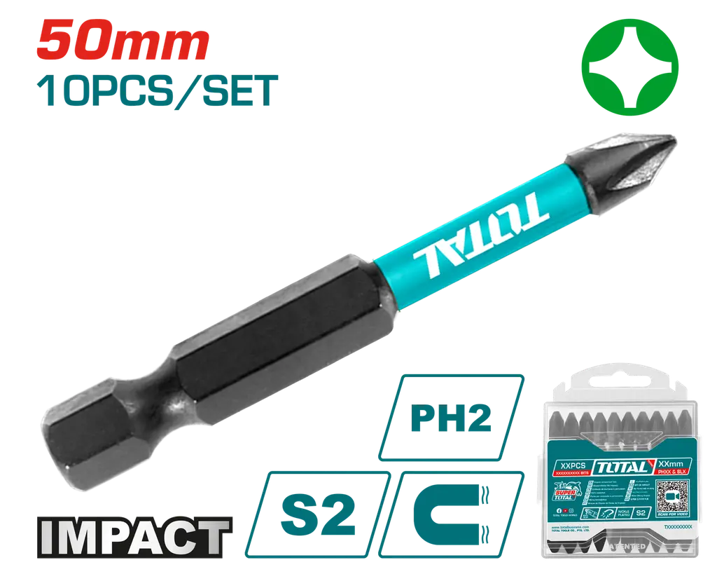 PUNTAS TALADRO INMANTADAS DE IMPACTO (+) 50MM X 10 PZS INDUSTRIAL TOTAL TACIM16PH223