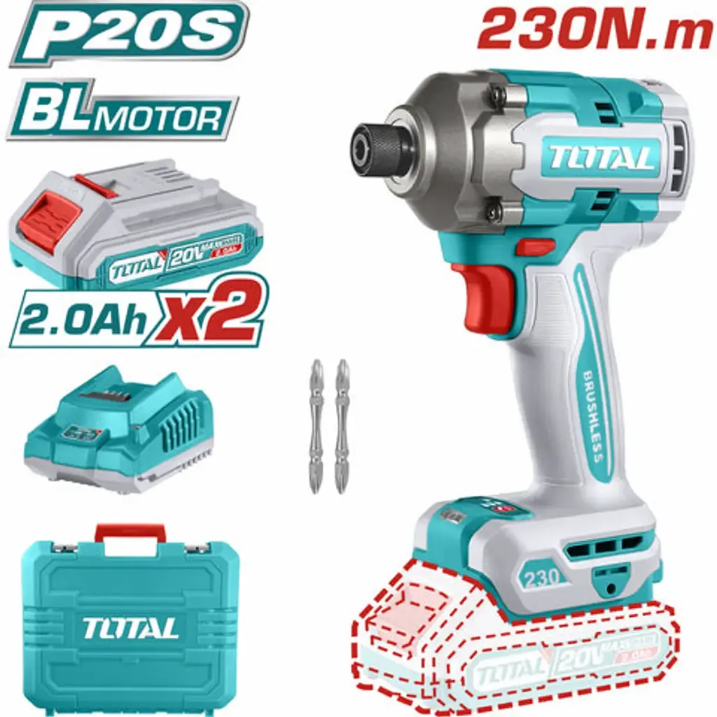 ATORNILLADOR DE IMPACTO INALAMBRICO 1/4 20V INCLUYE 2 BATERIAS, CARGADOR Y 5 ACCESORIOS CAJA PLASTICA INDUSTRIAL SUPER TOTAL UTIRLI2028