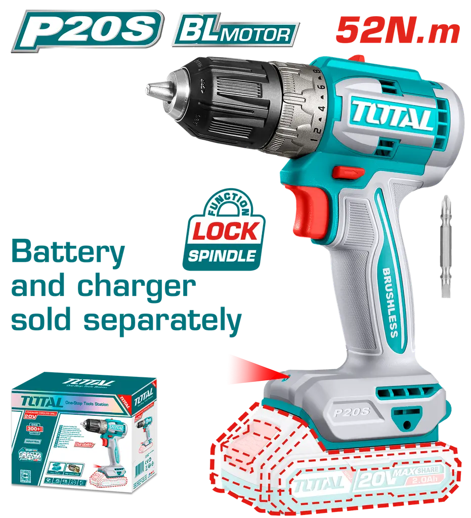 TALADRO INALAMBRICO 3/8" 20V 52 N.M CARGADOR Y BATERIA NO INCLUIDO SUPER TOTAL TDLI204531