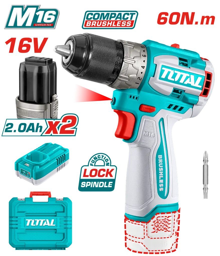 TALADRO INALAMBRICO 1/2 16V 60NM INCLUYE 2 BATERIAS 2,0AH Y CARGADOR INDUSTRIAL SUPER TOTAL UTDLI16682