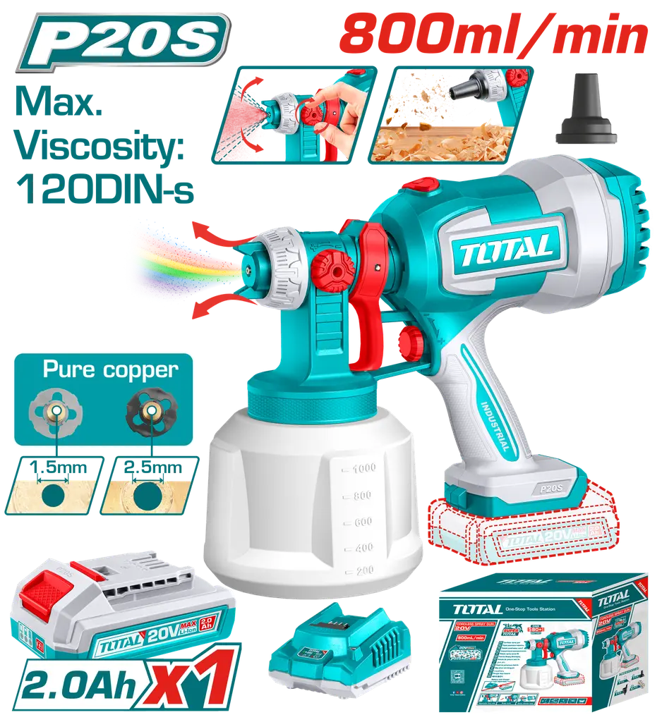PISTOLA PINTAR INALAMBRICA 800ML 20V INCLUYE BATERIA 20V, CARGADOR, AGUJA DE LIMPIEZA Y DOS BOQUILLAS, TOTAL UTSGLI20042