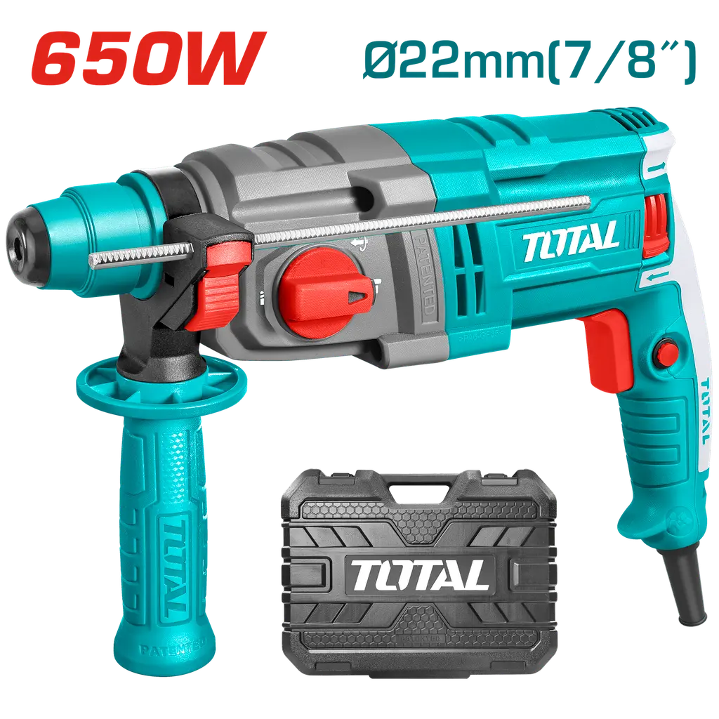 TALADRO ROTOMARTILLO SDS PLUS 650W 1,7 JOULES 110-120V INCLUYE 2 BROCAS Y 1 JUEGO DE ESCOBILLAS SUPER TOTAL UTH306236