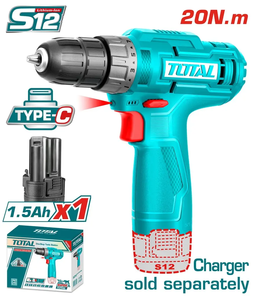 TALADRO INALAMBRICO 3/8 (10MM) 12V INCLUYE 1 BATERIA DE 1.5AH NO INCLUYE CARGADOR TOTAL TDLI12428