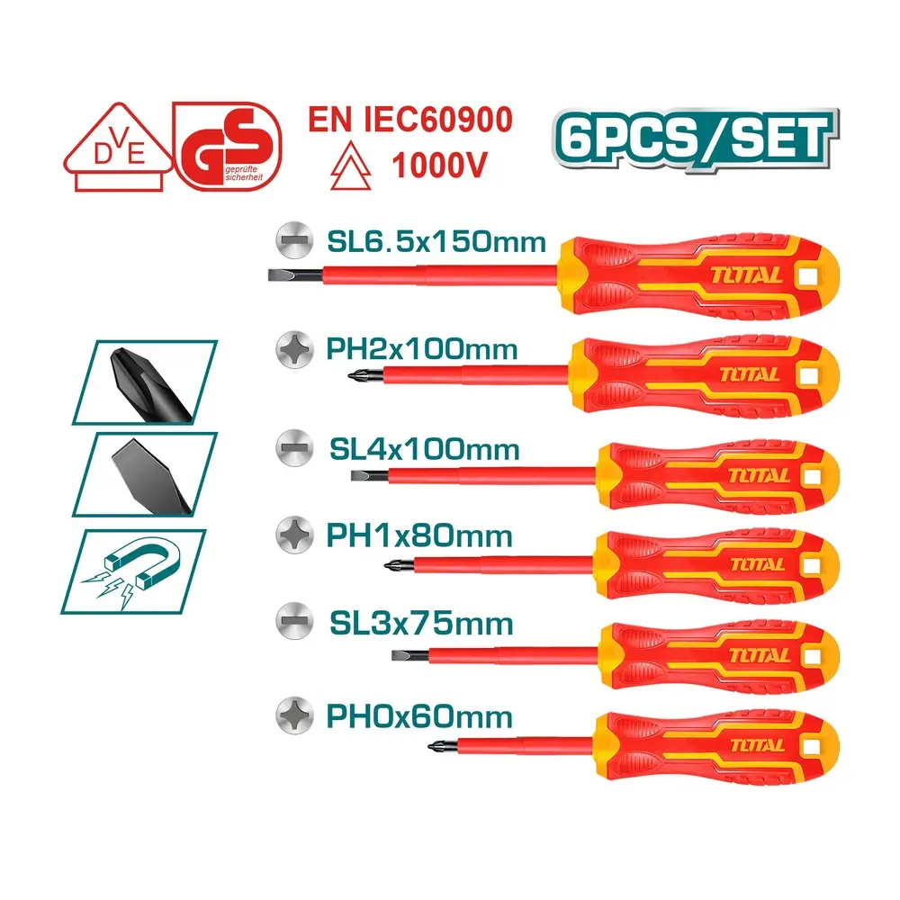 DESTORNILLADOR DIELECTRICO AISLADO 1000V INDUSTRIAL AMARILLO-ROJO JUEGO X 6 PZS TOTAL THTIS566
