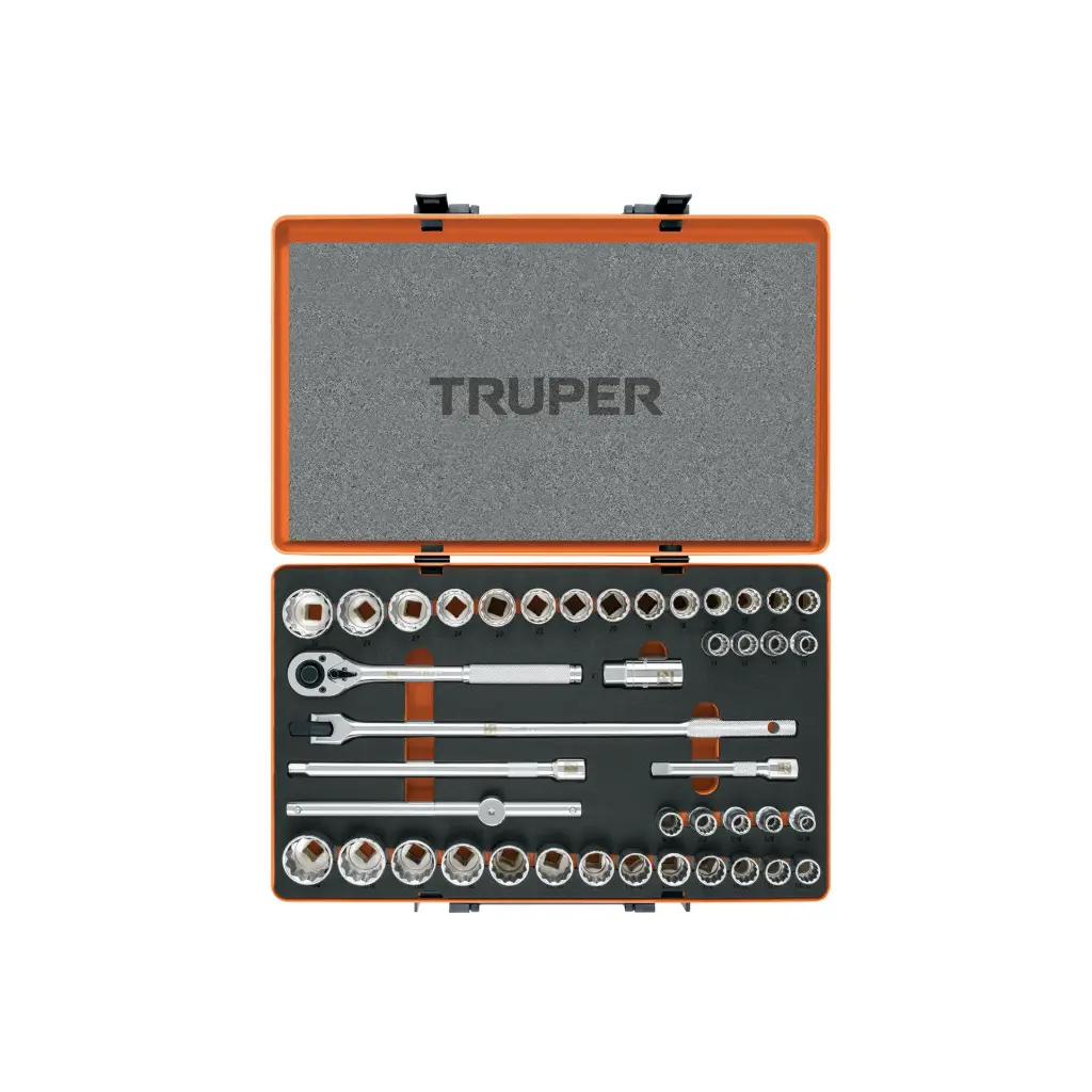 JUEGO DE 42 HERRAMIENTAS CUADRO1/2" STD Y MM PARA MECANICO TRUPER 13940