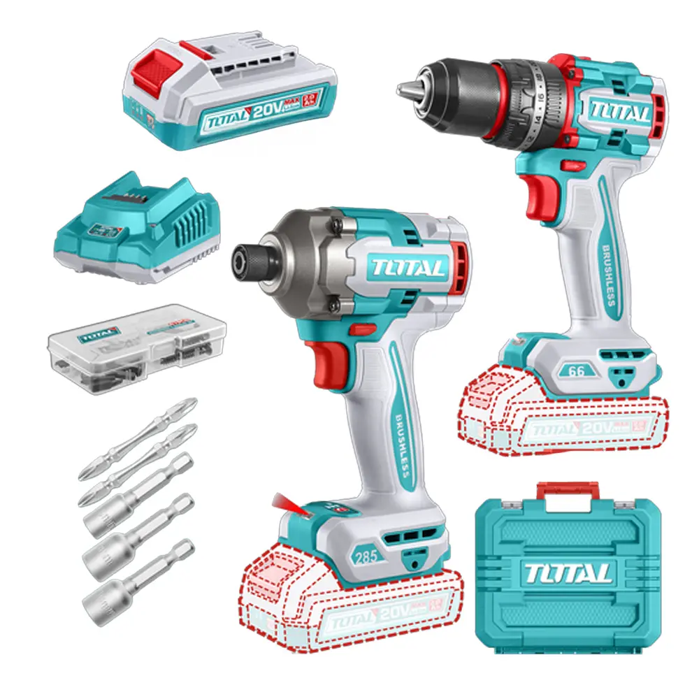 COMBO INALAMBRICO TALADRO 1/2" 66 N.M + ATORNILLADOR DE IMPACTO 1/4" 20V 285 N.M INCLUYE 2 BATERIA 2.0AH , 1 CARGADOR Y ACCESORIOS INDUSTRIAL SUPER TOTAL UTCKLI20277