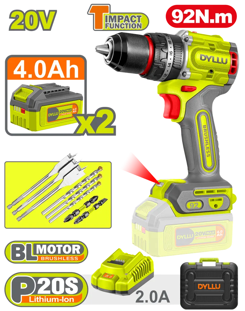TALADRO INALAMBRICO PERCUTOR 1/2" 92 NM 20V CAJA PLASTICA INCLUYE 2 BATERIAS 20V (4.0AH), 1 CARGADOR Y ACCESORIOS DYLLU UDTCDP9281