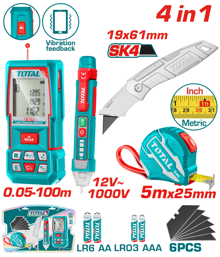 KIT PROVADOR DE CORRIENTE 12V-1000V + MEDIDOR DE DISTANCIAS LASER 100MTS + METRO 5 MTS + BISTURI NAVAJA 19X 61MM INDUSTRIAL INCLUYE 6 HOJAS DE REPUESTO INDUSTRIAL SUPER TOTAL TOS250701