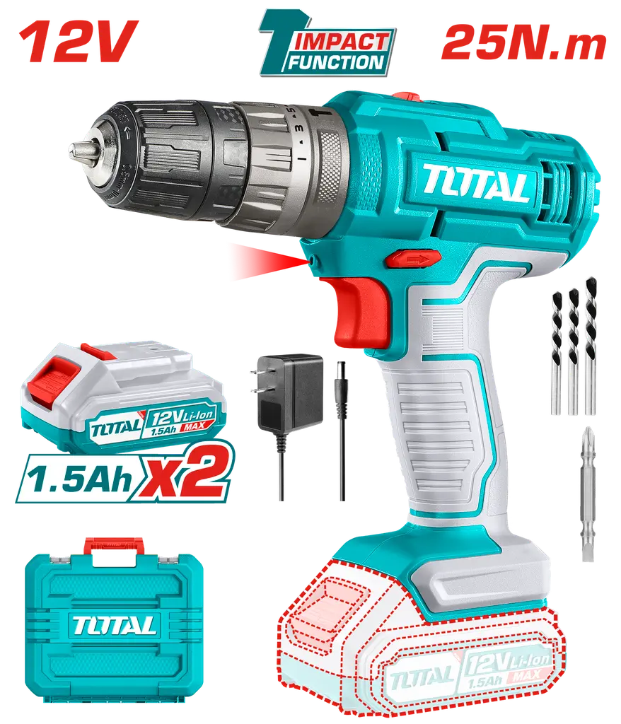 TALADRO DE IMPACTO INALAMBRICO 3/8" 12V INCLUYE 2 BATERIAS, 1 CARGADOR, 3 BROCAS Y 1 PUNTA TALADRO (+)(-) SUPER (UTIDLI1228 TOTAL