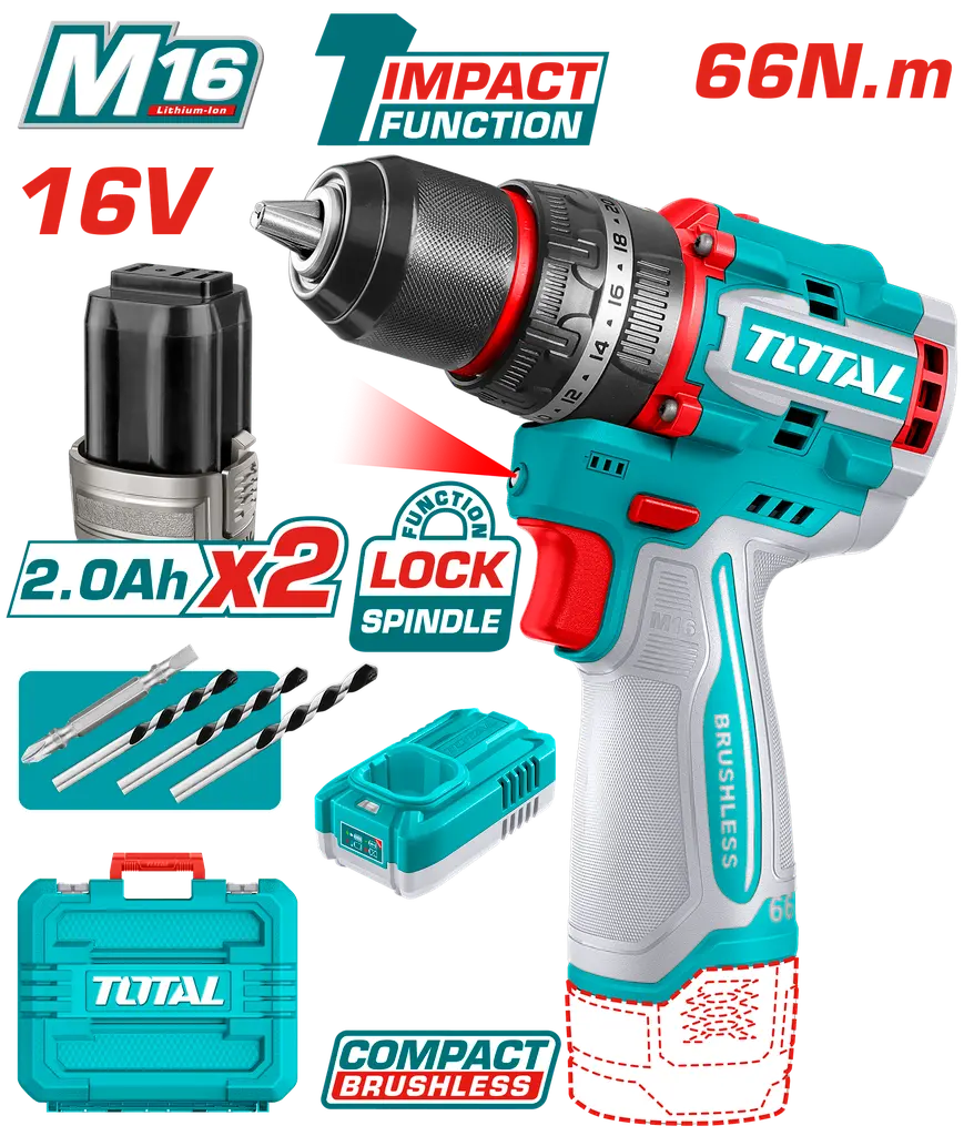 TALADRO INALAMBRICO PERCUTOR 1/2 16V 66NM INCLUYE 2 BATERIAS 2,0AH, CARGADOR Y ACCESORIOS INDUSTRIAL SUPER TOTAL UTIDLI166062