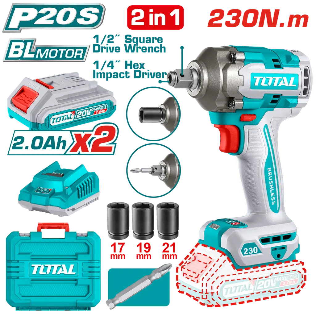 PISTOLA IMPACTO 20V INCLUYE 2 BATERIAS 1 CARGADOR COPAS DE 17,19,21 Y PUNTA DESTORNILLADOR INDUSTRIAL SUPER TOTAL UTIWLI20236A