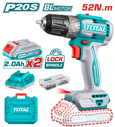 TALADRO INALAMBRICO 1/32 3/8" 20V 52NM INCLUYE 2 BATERIA DE 2.0AH, CARGADOR,47 ACCESORIOS TOTAL UTDLI20453