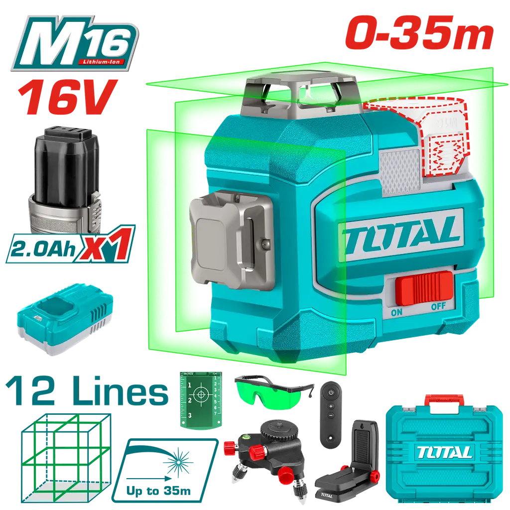 NIVEL LASER 0-35M LUZ VERDE 3D 12 LINEAS 16V INDUSTRIAL SUPER TOTAL UTLL301201